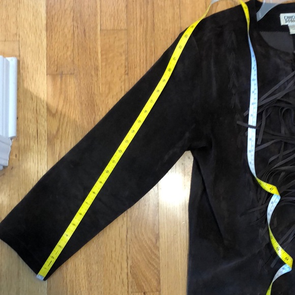 Chico’s Brown Leather Suede Collarless Jacket Coat Topper with Fringe Trim - Picture 16 of 16